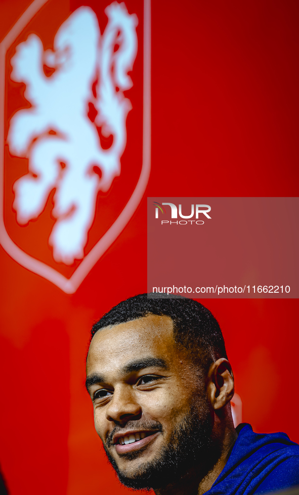 Netherlands forward Cody Gakpo speaks during the press conference in Munich, Germany, on October 13, 2024, at the Allianz Arena for the UEFA...