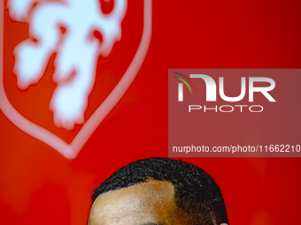 Netherlands forward Cody Gakpo speaks during the press conference in Munich, Germany, on October 13, 2024, at the Allianz Arena for the UEFA...