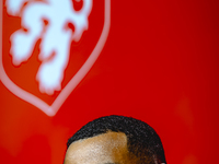 Netherlands forward Cody Gakpo speaks during the press conference in Munich, Germany, on October 13, 2024, at the Allianz Arena for the UEFA...