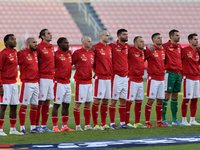 The Malta national soccer team stands during the playing of their country's national anthem prior to the UEFA Nations League, League D, Grou...