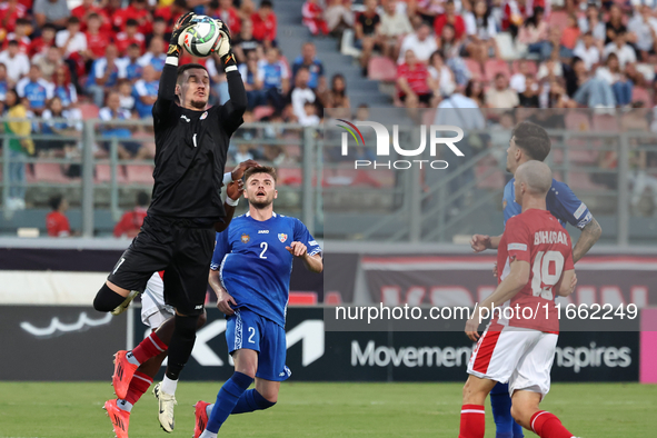 Dumitru Celeadnic, the goalkeeper of Moldova, is in action during the UEFA Nations League, League D, Group D2 match between Malta and Moldov...