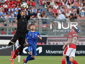 Dumitru Celeadnic, the goalkeeper of Moldova, is in action during the UEFA Nations League, League D, Group D2 match between Malta and Moldov...