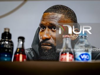 Germany defender Antonio Rudiger attends the press conference at the Allianz Arena for the UEFA Nations League, League phase, Matchday 4 sea...