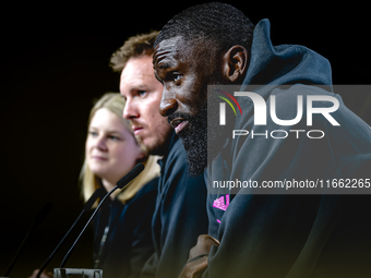 Germany defender Antonio Rudiger attends the press conference at the Allianz Arena for the UEFA Nations League, League phase, Matchday 4 sea...