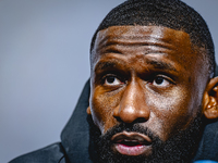 Germany defender Antonio Rudiger attends the press conference at the Allianz Arena for the UEFA Nations League, League phase, Matchday 4 sea...