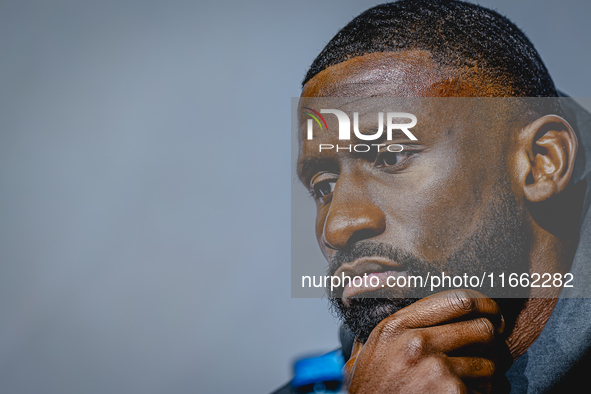 Germany defender Antonio Rudiger attends the press conference at the Allianz Arena for the UEFA Nations League, League phase, Matchday 4 sea...