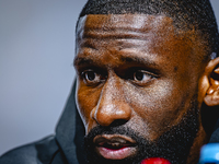 Germany defender Antonio Rudiger attends the press conference at the Allianz Arena for the UEFA Nations League, League phase, Matchday 4 sea...