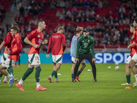 Adam Szalai, former team captain, works in his new position as a field trainer before the UEFA Nations League Group match at Puskas Arena in...