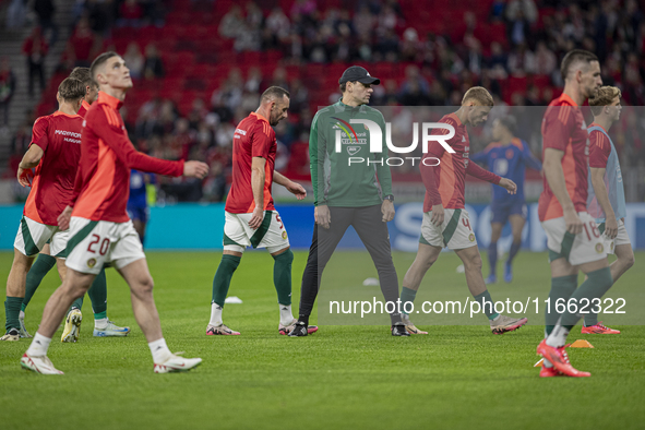 Adam Szalai, former team captain, works in his new position as a field trainer before the UEFA Nations League Group match at Puskas Arena in...