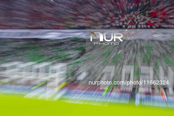 Hungarian fans and tricolor flags are present during the national anthem before the UEFA Nations League Group match at Puskas Arena in Budap...