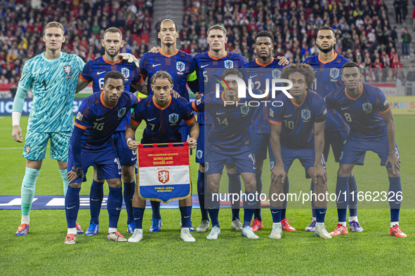 Team Netherlands stands before the UEFA Nations League Group match at Puskas Arena in Budapest, Hungary, on October 11, 2024. 