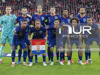 Team Netherlands stands before the UEFA Nations League Group match at Puskas Arena in Budapest, Hungary, on October 11, 2024. (