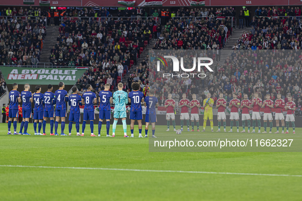 Team Hungary and Team Netherlands stand before the UEFA Nations League Group match at Puskas Arena in Budapest, Hungary, on October 11, 2024...