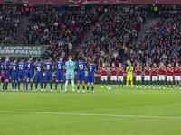 Team Hungary and Team Netherlands stand before the UEFA Nations League Group match at Puskas Arena in Budapest, Hungary, on October 11, 2024...