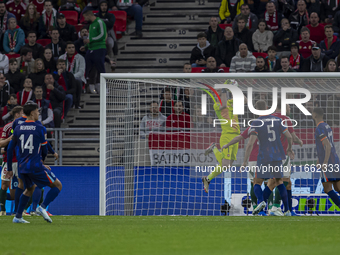 Goalkeeper of Hungary, Denes Dibusz, saves during the UEFA Nations League Group match at Puskas Arena in Budapest, Hungary, on October 11, 2...