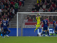 Goalkeeper of Hungary, Denes Dibusz, saves during the UEFA Nations League Group match at Puskas Arena in Budapest, Hungary, on October 11, 2...