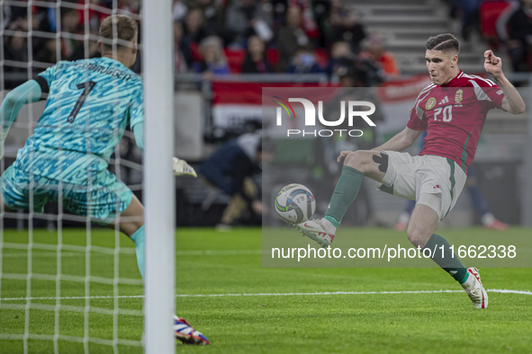 Roland Sallai of Hungary scores the first goal for Team Hungary during the UEFA Nations League Group match at Puskas Arena in Budapest, Hung...