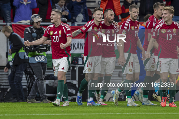 Roland Sallai of Hungary and his teammates celebrate the first goal during the UEFA Nations League Group match at Puskas Arena in Budapest,...