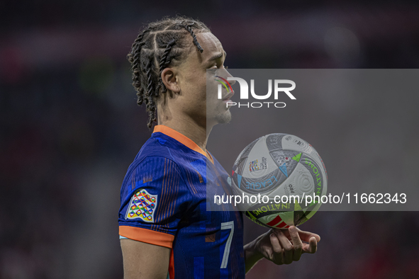 Xavi Simons of the Netherlands participates in the UEFA Nations League Group match at Puskas Arena in Budapest, Hungary, on October 11, 2024...