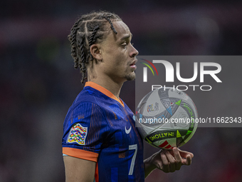 Xavi Simons of the Netherlands participates in the UEFA Nations League Group match at Puskas Arena in Budapest, Hungary, on October 11, 2024...