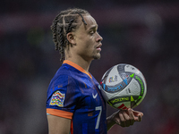 Xavi Simons of the Netherlands participates in the UEFA Nations League Group match at Puskas Arena in Budapest, Hungary, on October 11, 2024...