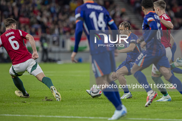 Xavi Simons of the Netherlands participates in the UEFA Nations League Group match at Puskas Arena in Budapest, Hungary, on October 11, 2024...