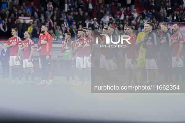 Team Hungary stands during the national anthem after the UEFA Nations League Group match at Puskas Arena in Budapest, Hungary, on October 11...