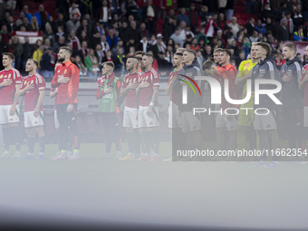 Team Hungary stands during the national anthem after the UEFA Nations League Group match at Puskas Arena in Budapest, Hungary, on October 11...