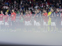 Team Hungary stands during the national anthem after the UEFA Nations League Group match at Puskas Arena in Budapest, Hungary, on October 11...