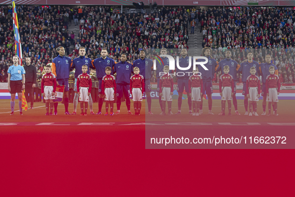 Team Netherlands stands before the UEFA Nations League Group match at Puskas Arena in Budapest, Hungary, on October 11, 2024. 