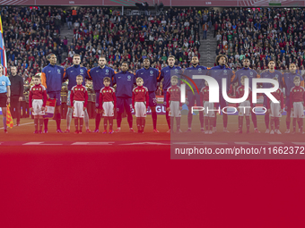 Team Netherlands stands before the UEFA Nations League Group match at Puskas Arena in Budapest, Hungary, on October 11, 2024. (