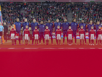 Team Netherlands stands before the UEFA Nations League Group match at Puskas Arena in Budapest, Hungary, on October 11, 2024. (