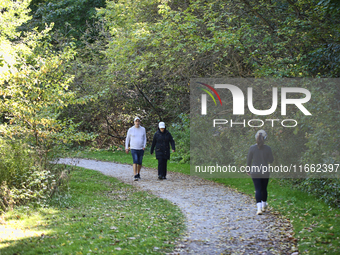 People walk along a forest trail in Markham, Ontario, Canada, on October 12, 2024. (