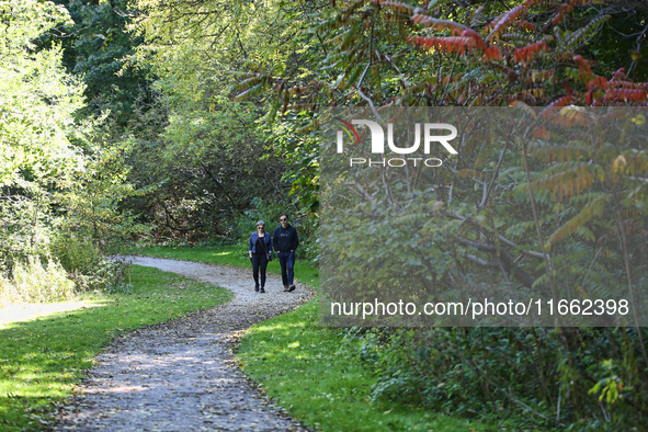 People walk along a forest trail in Markham, Ontario, Canada, on October 12, 2024. 