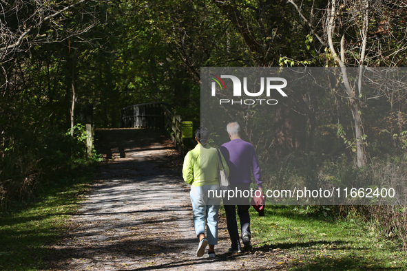 People walk along a forest trail in Markham, Ontario, Canada, on October 12, 2024. 