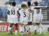 Several players of Real Madrid celebrate a goal during the LIGA F match between Real Madrid and Atletico de Madrid at Alfredo Di Stefano sta...