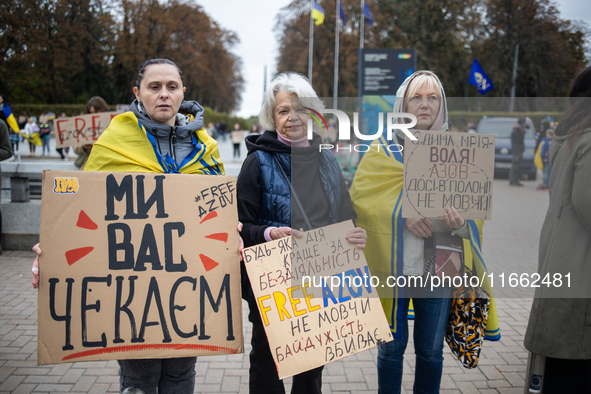 A protest demands the release of the Ukrainian military held captive in Russia, particularly the soldiers of the Azov regiment and the marin...