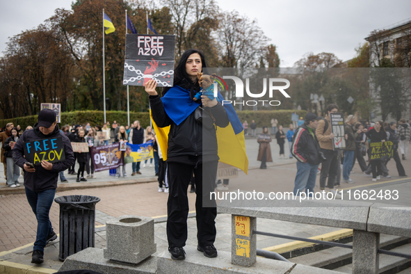 A protest demands the release of the Ukrainian military held captive in Russia, particularly the soldiers of the Azov regiment and the marin...