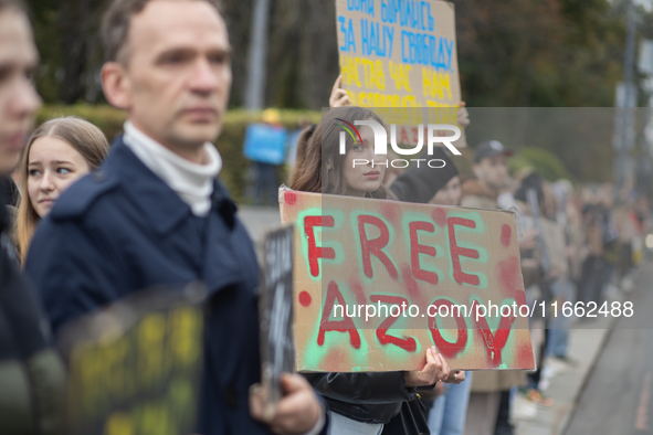 A protest demands the release of the Ukrainian military held captive in Russia, particularly the soldiers of the Azov regiment and the marin...