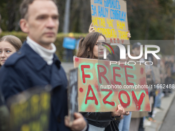 A protest demands the release of the Ukrainian military held captive in Russia, particularly the soldiers of the Azov regiment and the marin...