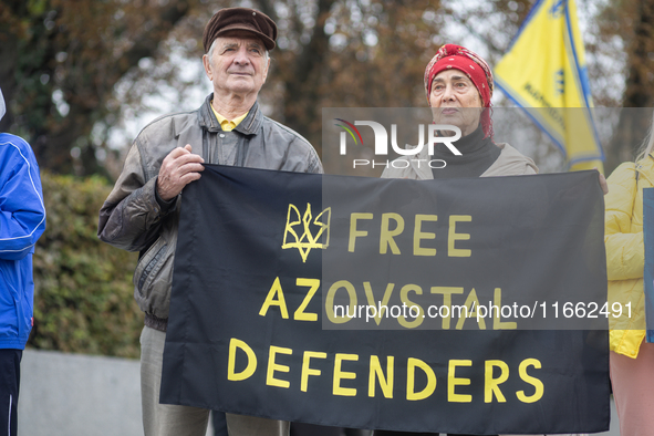 A protest demands the release of the Ukrainian military held captive in Russia, particularly the soldiers of the Azov regiment and the marin...