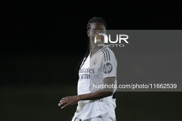 Naomie Feller of Real Madrid women plays during the LIGA F match between Real Madrid and Atletico de Madrid at Alfredo Di Stefano stadium in...