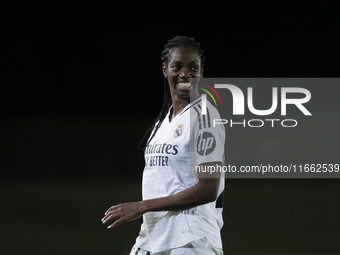 Naomie Feller of Real Madrid women plays during the LIGA F match between Real Madrid and Atletico de Madrid at Alfredo Di Stefano stadium in...