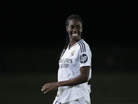 Naomie Feller of Real Madrid women plays during the LIGA F match between Real Madrid and Atletico de Madrid at Alfredo Di Stefano stadium in...