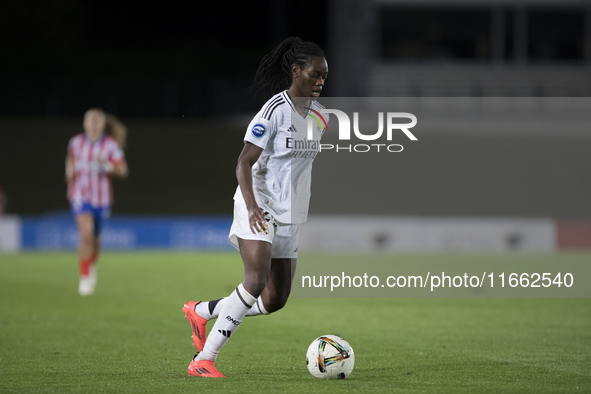 Naomie Feller of Real Madrid women is in action during the LIGA F match between Real Madrid and Atletico de Madrid at Alfredo Di Stefano sta...