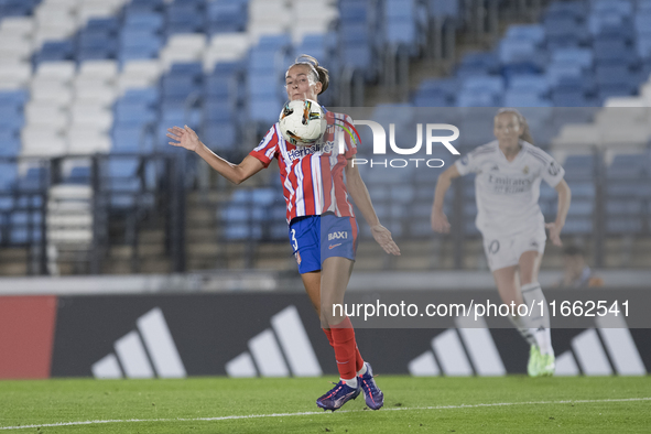 Ainhoa Moraza of Atletico de Madrid women controls the ball during the LIGA F match between Real Madrid and Atletico de Madrid at Alfredo Di...