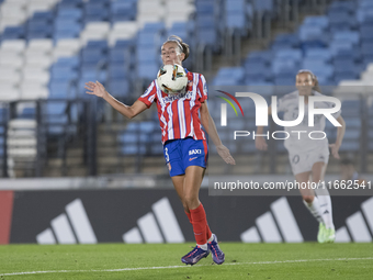 Ainhoa Moraza of Atletico de Madrid women controls the ball during the LIGA F match between Real Madrid and Atletico de Madrid at Alfredo Di...