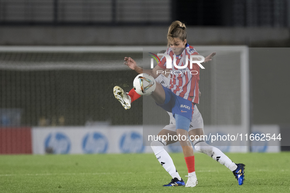 Tatiana Pinto of Atletico de Madrid women controls the ball during the LIGA F match between Real Madrid and Atletico de Madrid at Alfredo Di...