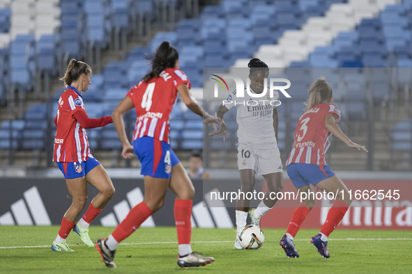 Linda Caicedo of Real Madrid women is in action during the LIGA F match between Real Madrid and Atletico de Madrid at Alfredo Di Stefano sta...