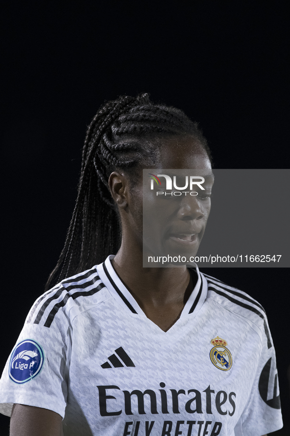 Naomie Feller of Real Madrid women plays during the LIGA F match between Real Madrid and Atletico de Madrid at Alfredo Di Stefano stadium in...